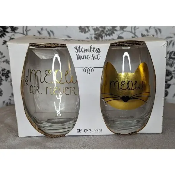 NWT Meow Or Never Gold Black Cat Kitten Stemless Wine Glass Set 22 oz - Picture 2 of 6